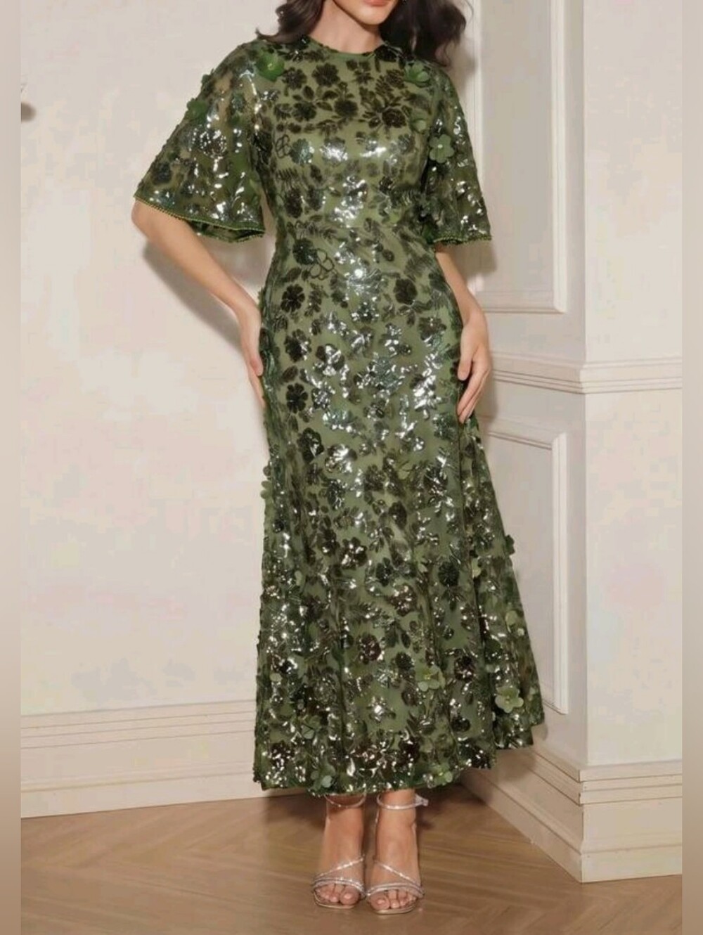 New Luxe Sequin Long Dress Flutter Short Sleeve Olive Green - Picture 6 of 12